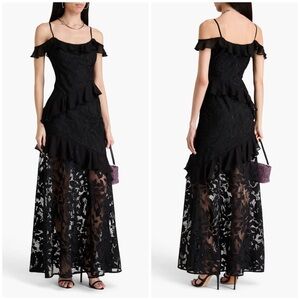 ML Monique Lhuillier Cold Shoulder Ruffled Embroidered Tulle Gown Black Size 14